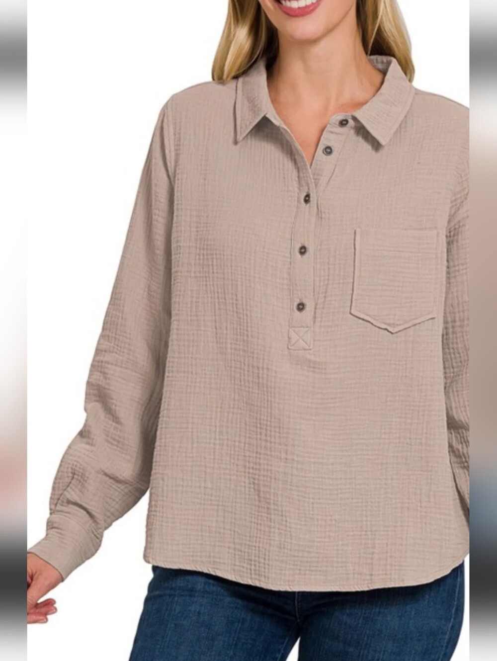 Light Taupe Gauze Button Pullover Shirt 100% Cotton Resortwear Summer Vacay XL